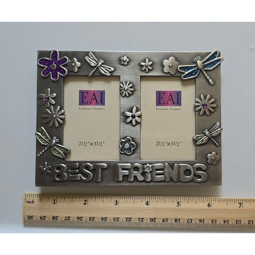 Silvertone Rhinestone Best Friend Double Picture Frame Photo Holder Dragonfly - Picture 4 of 5
