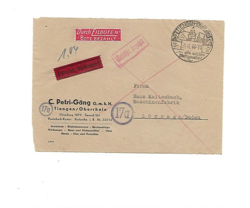 FZ Baden / TIENGEN (Oberrhein) 6.6.46, S.-Stpl. + rot Ra1 Gebühr bezahlt  - Bild 1 von 2