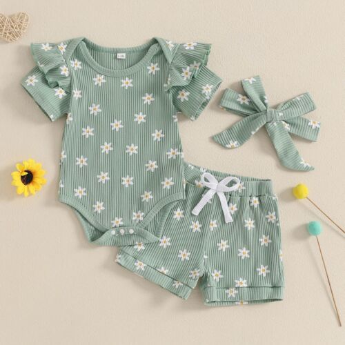 Newborn Infant Baby Girls Summer Outfit Ribbed Short Sleeve Romper + Floral E... - Picture 5 of 7