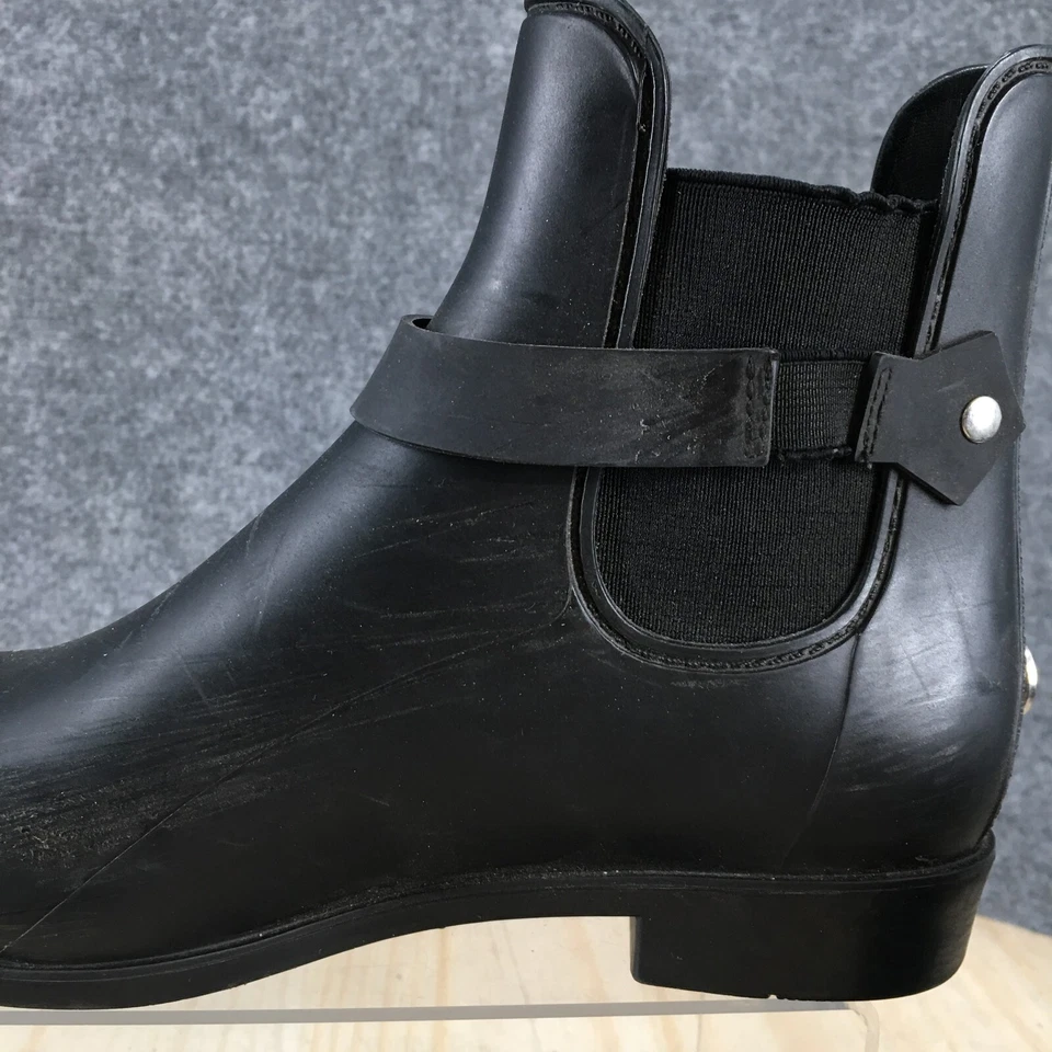 Botas de azúcar para mujer 7 botines al tobillo de lluvia correa con hebilla punta redonda de goma negra Foto 3 de 4