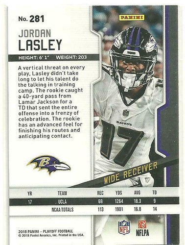 2018 Panini Playoff - JORDAN LASLEY #281 RC - Baltimore Ravens 🏈 - Picture 2 of 2