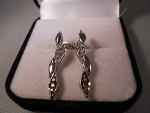 10K WHITE GOLD WHITE & CHAMPAGNE DIAMOND GEMSTONES 4 TIER DANGLING EARRINGS 1" - Picture 10 of 15