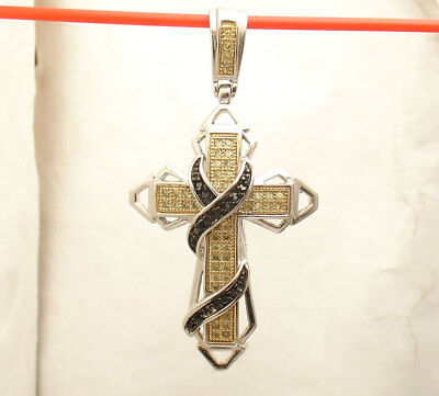 3" Bold Black Yellow CZ Bling Cross Pendant Real Solid 925 Sterling Silver 3" Bold Black Yellow CZ Bling Cross Pendant Real Solid 925 Sterling Silver