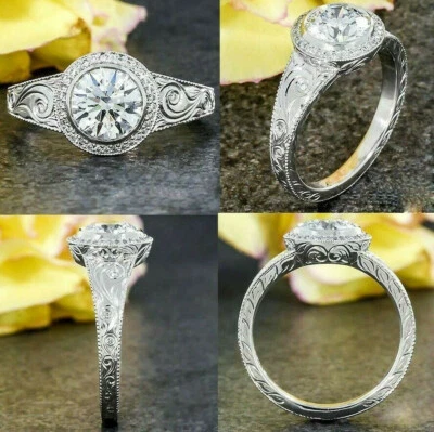 2,50 Kt Rund Halo Vintage Diamant Hochzeit Ring Verlobungsring Weißgold-Finish - Bild 1 von 4