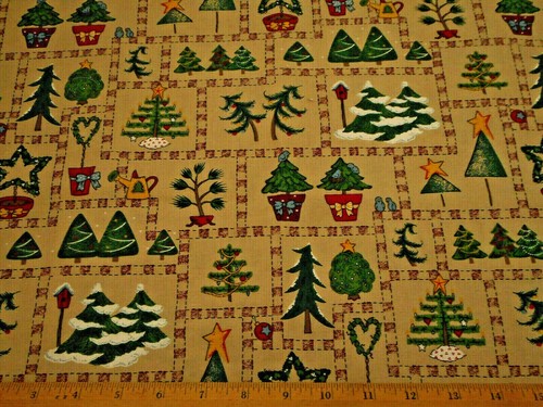 Quilt Fabric By Half-Yard Green Christmas Tree Patch on Brown Cotton #26 Vtg #C