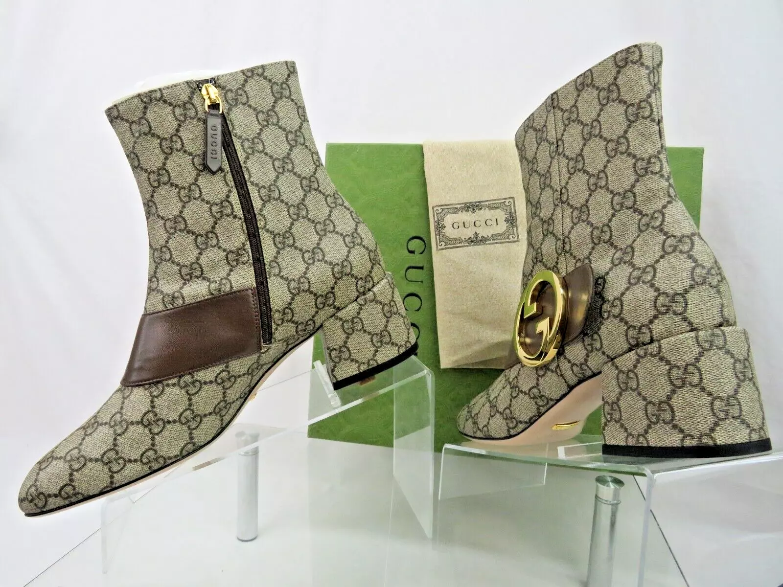 GUCCI 70170 CEINTURE EN CUIR SUPRÊME LOGO EN MÉTAL GG MONOGRAMME BEIGE BOTTES COURTES ZIPPÉES 41