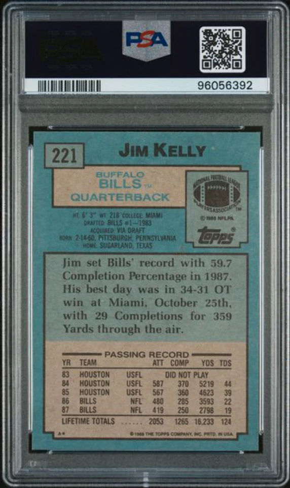 Graded 1988 Topps Jim Kelly #221 2nd Year Football Card PSA 10 Gem Mint - Image 2 of 2
