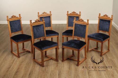 Antique Italian Renaissance Revival Set Of Six Carved Walnut Dining Chairs - Picture 2 of 22