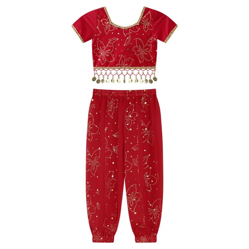 Kinder Mädchen Bauch Karneval Tanzkleidung Bühne bauchfreies Oberteil mit Hose Blumenmuster sexy - Bild 71 von 80