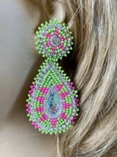 Handcrafted beaded Green Pink teardrop ethnic post earrings