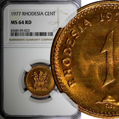 Rhodesia Bronze 1977 1 Cent NGC MS64 RD NICE FULL RED TONING KM# 10 (023)