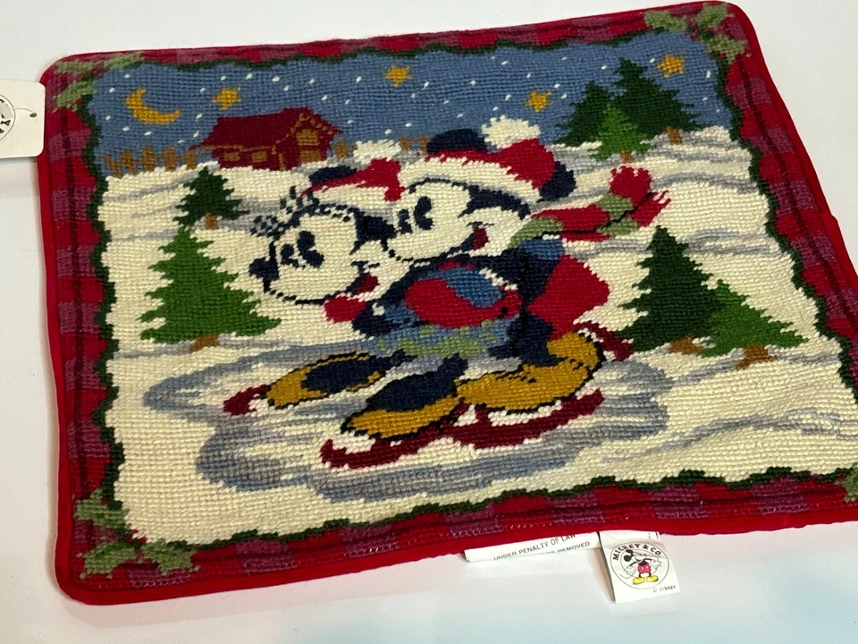 NEW Wool Needlepoint Pillow Cover Christmas Ice Skating Mickey Minnie Mouse 14" - Image 2 of 3