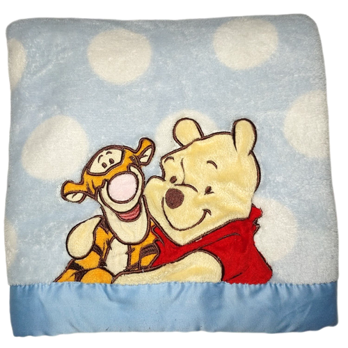 Disney Blue Polka Dot Winnie The Pooh Tigger Blanket White Baby Satin Trim Boy - Picture 1 of 4