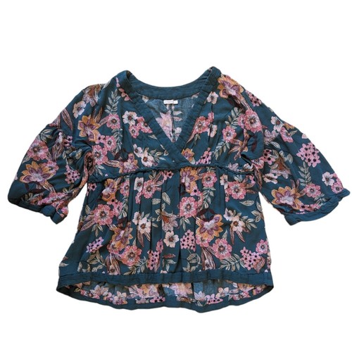 Large Floral Crossover V-Neck Faux Wrap 3/4 Sleeve Shirt Soft Boho Flowy Blouse