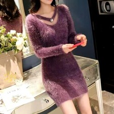 V-neck Faux Fur Mink Versatile Medium Long for Women Slimming Knit Sweater