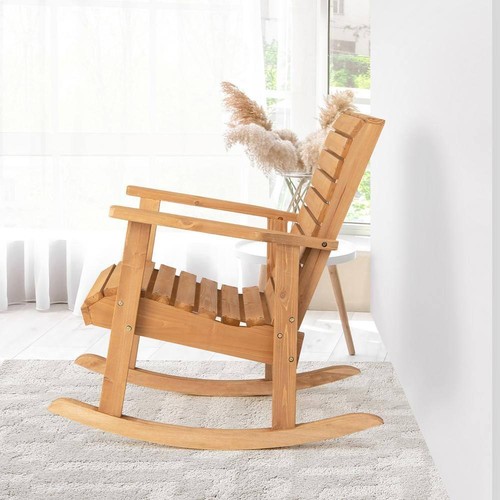 Costway Outdoor Rocking Chairs 33"Hx26"Wx33"D High Back Fir Wood Armchair Beige - Picture 4 of 4