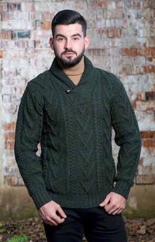 SAOL Aran Irish Fisherman Merino Wool Sweater Men's Cable Knit Shawl Pullover - Picture 17 of 24