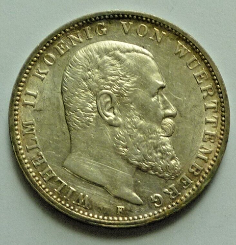 1914-F WURTTEMBERG - DREI 3 MARK - WILHELM II - .900 SILVER CROWN - 1/2 Oz -RARE - Picture 3 of 5