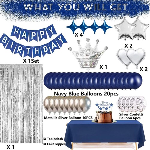 Navy Blue Happy Birthday Party Decorations Set for Men Boys Women Girls, Banner, - Picture 2 of 5