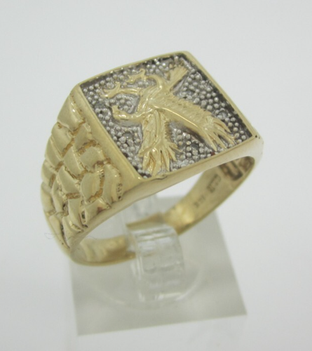 ESTILOSO ANILLO ÁGUILA DIAMANTE ESTILO PEPITA ORO AMARILLO 10K (TALLA 10,25) .0125CT. 5,8 G - Imagen 6 de 7