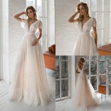 Elegant A-Line Wedding Dresses V-Neck Backless Lace Appliques Beach Bridal Gowns
