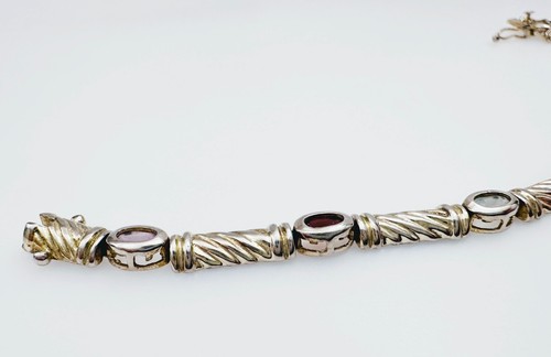 Estate FAS 925 Sterling Silver Multi-Gem Bezel Setting Bracelet 7", 11.3g - Picture 9 of 19