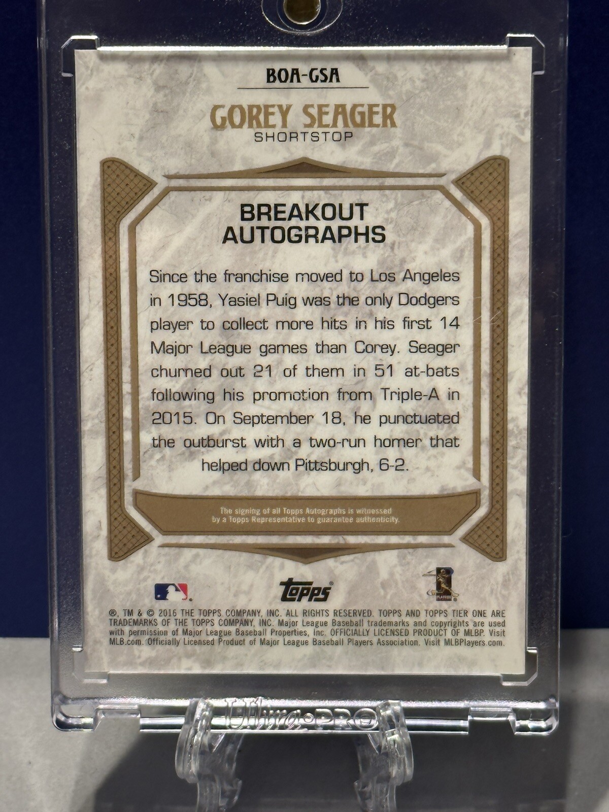 COREY SEAGER AUTO RC SSP #/149 SEE PICS! 2016 Topps Tier One DODGERS RARE CARD - Picture 10 of 24