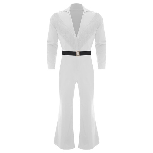 Mens Rock Disco Costume Long Sleeves High Rise Jumpsuit Zipper Outfits with Belt - Picture 43 of 52