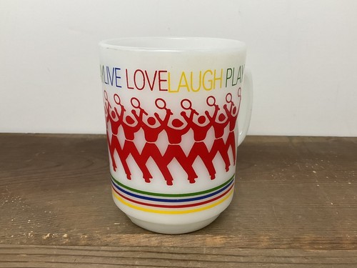 Milk Glass Tennis Rainbow Mug Vtg 80’s Live Love Laugh Play Anchor Hocking USA - Picture 12 of 22