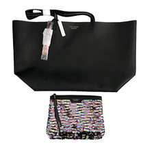 Victorias Secret Black Tote Bag Faux Leather Rainbow Tassel 22x13 NWT MSRP $99