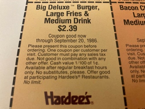 Vtg Hardees Restaurant Hamburger Advertisement Coupons 1986 Michigan Ephemera 86 - Picture 2 of 12