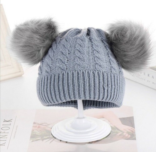 Baby Boys Girls Winter Knitted Hats Kids Cable Knit Beanie Pompom Ears Skull Cap - Picture 6 of 13