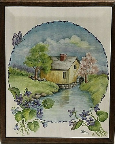Hand Painted Tile Wall Hanging Cottage Framed and Signed by Artist Rita Boulay