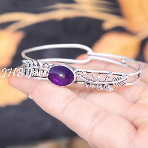 African Amethyst Gemstone 925 Sterling Silver Bangle Cuff Latest Leaf Jewelry - Picture 2 of 6