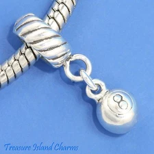 Pool Billiard Ball 8 Eight 925 Solid Sterling Silver European Dangle Bead Charm
