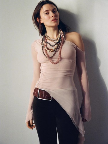 ZARA 2025 Spring, Silk Mesh Asymmetric Long-sleeved Simple T-shirt Top Free - Picture 1 of 14