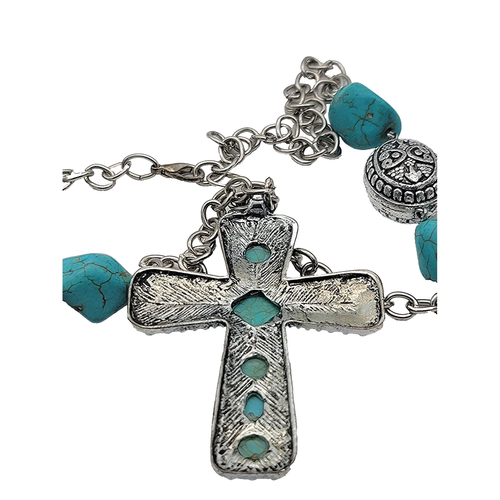 Howelite Blue Cross Pendant Necklace 24 inch cable chain Silver Tone WO0711 - Picture 3 of 4