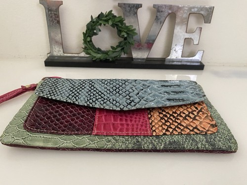 Vintage Faux Reptile Leather Multicoloured Patchwork Wallet Wrist Purse Clutch - Picture 5 of 24