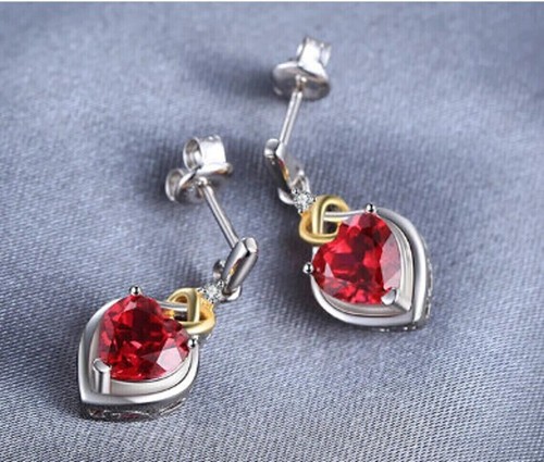 4.2Ct Heart Cut Lab Created Red Ruby Drop/Dangle Earrings 14K White Gold Plated - Picture 3 of 6