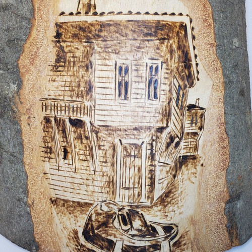Wood Burning Pyrography On Raw Wood Handmade Art Piece House Fishing Village - Picture 2 of 8