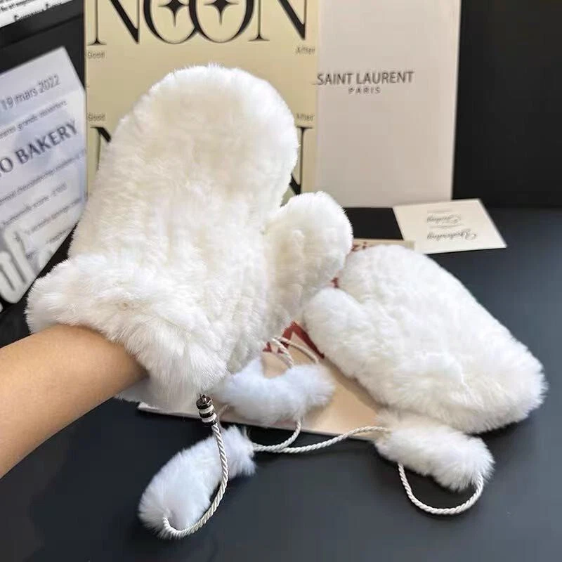 Women's Real Rabbit Fur Gloves Full Mitten W String Knitted Warm Wrist Mittens - Imagem 3 de 4