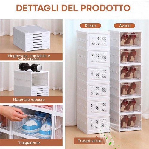 SCARPIERA 6 SCATOLE IMPILABILE CONTENITORE PIEGHEVOLE ORGANIZZATORI PORTA SCARPE - Foto 2 di 4