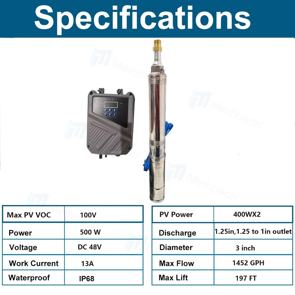 Bomba Solar 500W 3" Bomba Sumergible Diámetro DC 48V Bomba de Pozo Profundo + Controlador MPPT Foto 3 de 4