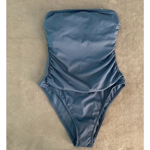 Shade & Shore Women's Blue Ribbed Bandeau Cheeky One Piece Bathing Suit Size M