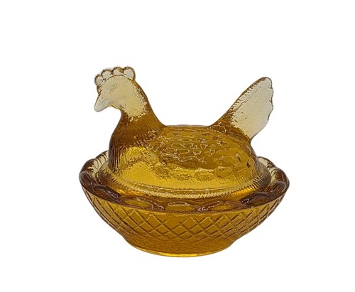 Vintage Amber Glass Hen on A Nest Mini Covered Salt Dish Lidded Salt Cellar 2.5"