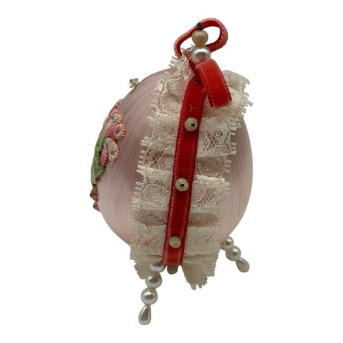 Vtg Satin Styrofoam Easter Egg~Pink Flowers~Velvet & Lace Ribbon~Pearl Bead Legs - Picture 9 of 11