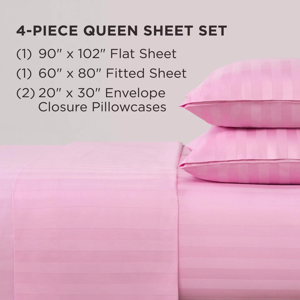 Juego de 4 piezas de satén Royal Dreams Queen - sábanas de lujo 100 % algodón, rosa Foto 2 de 4