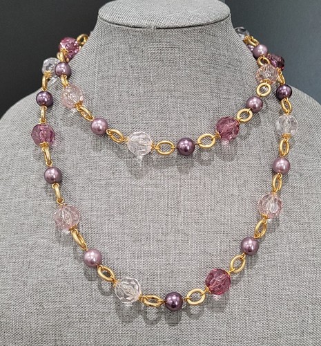 KJL KENNETH JAY LANE Gold Tone Faux Pearl Faceted Lucite Beads Necklace 44” Long