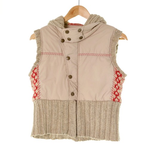 Free People Contrasting Knit Hooded Tan Red Puffer Zip Button Snap Vest Womens S - Picture 1 of 8