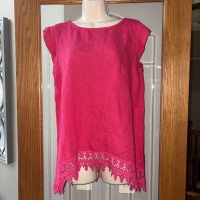 Terzo Millennio 100% Linen Tank Pink Crocheted Bottom Hem Made In Italy M New